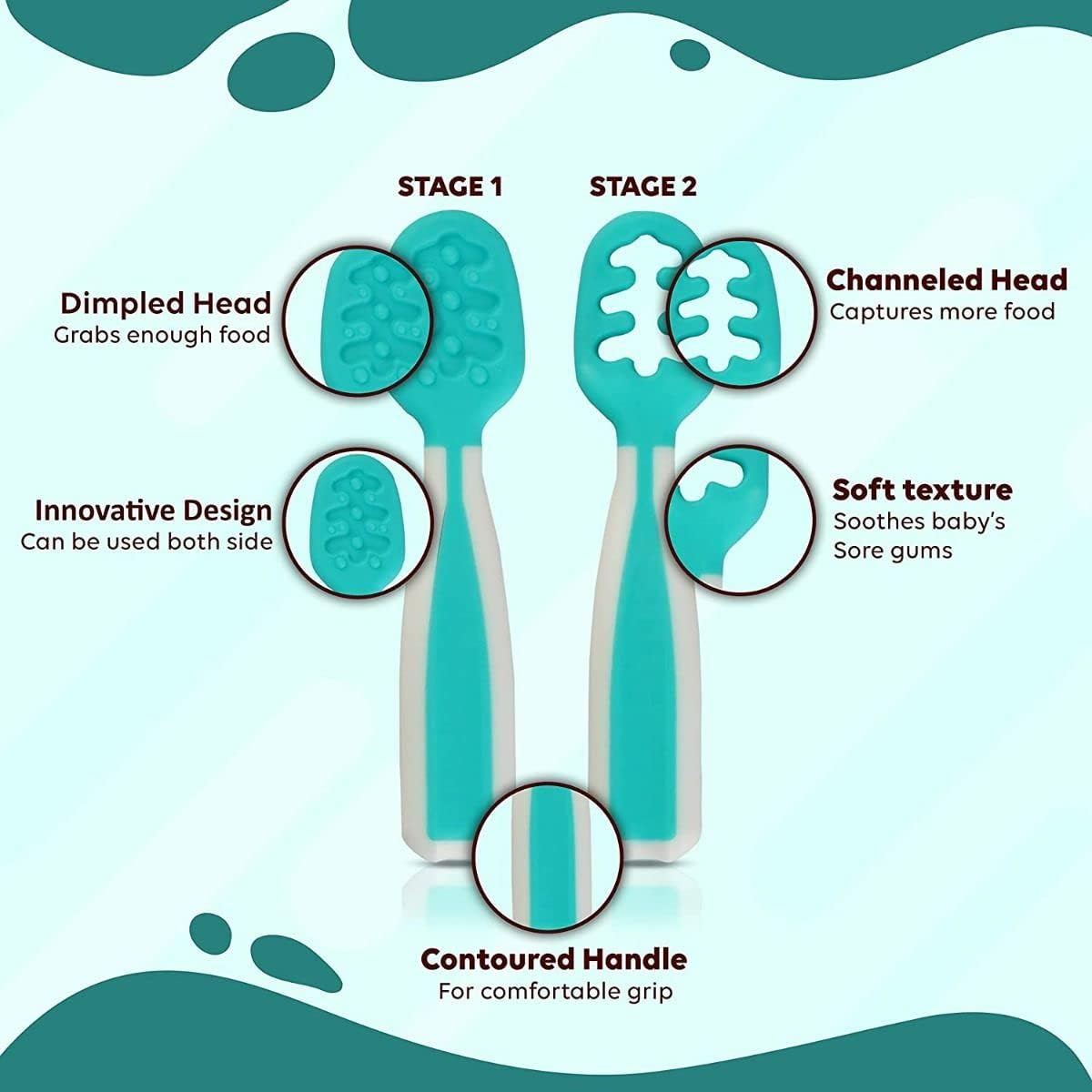 Skiennix Baby Spoons - Silicone Pre-Spoons for 6+ Months | Perfect for Baby-Led Weaning - Set of 2, Teal/White