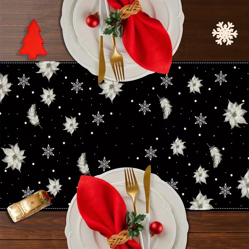 CQFusSTORE Xmas Snowman Feather White Floral Black Table Runner 13x72 Inch