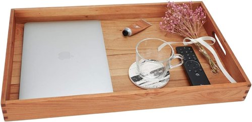 Cherry Wood Ottoman Tray - Large 22 x 14 Inch Rectangle with Handles for Serving Tea, Coffee, or Breakfast