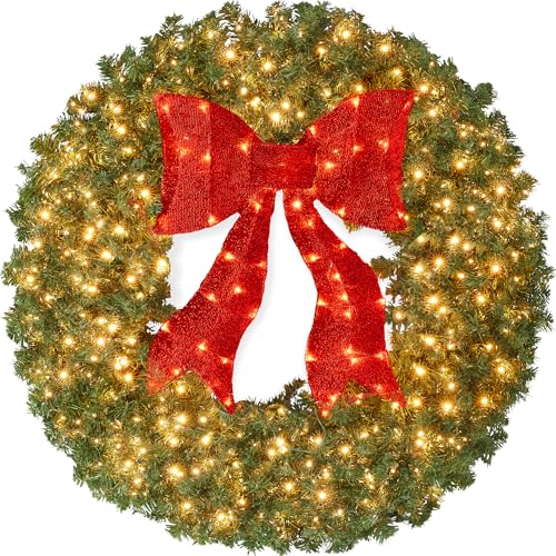 36in Artificial Fir Christmas Wreath with Red Lighted Bow & 150 LED Lights - Green Spruce
