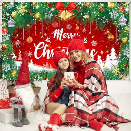 Merry Christmas Backdrop 6x4 ft Christmas Banner Red Green Garland Jingle Bell Holiday Photo Background Xmas Party Decorations