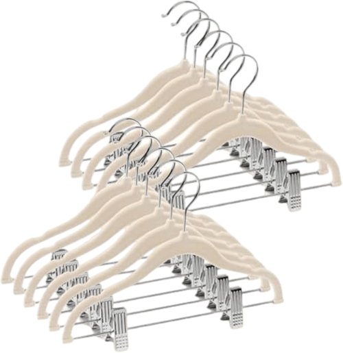 Home-it Non-Slip Velvet Baby Clothes Hangers with Clips | 12 Pack - Heavy-Duty Ivory Skirt & Pants Hangers