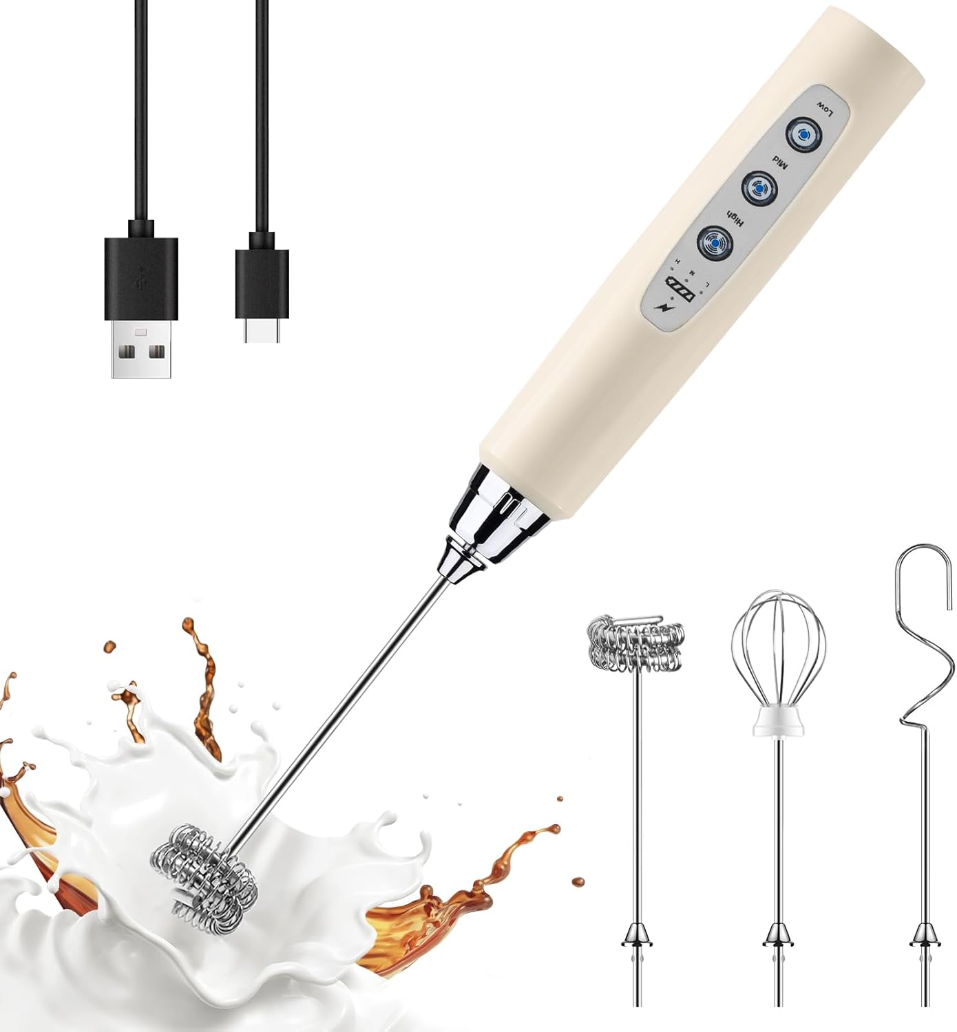 YUSWKO Handheld Milk Frother - Rechargeable Electric Whisk with 3 Heads & 3 Speeds for Lattes, Cappuccinos & More