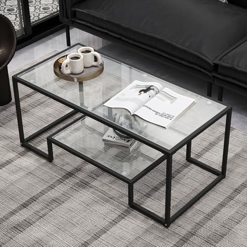 42.5 x 19.5 Inch Rectangular Glass Coffee Table - Black, Modern Home Accent