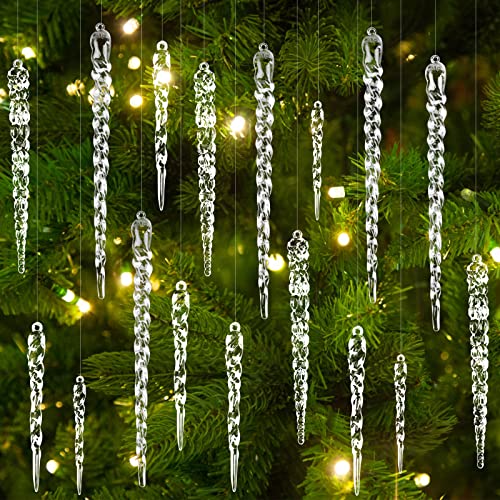 24pcs Christmas Tree Crystal Decorations 4 Styles Clear Acrylic Xmas Tree Icicle Hanging Ornaments for Christmas New Year Holiday Wedding Winter Party Decor