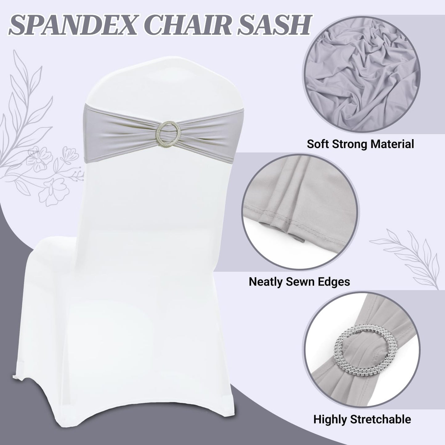 MDS Spandex Chair Sashes - Universal Fit Elastic Stretch Bands with Buckle for Weddings | Light Silver, Pack of 200