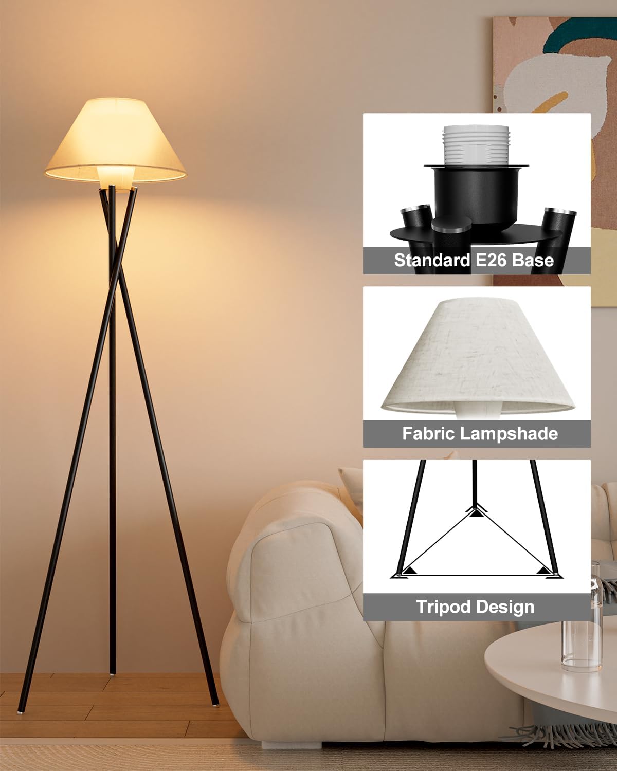 Tripod Floor Lamp, Black Standing Lamps with E26 Bulb Included, Mid Century Modern Tall Lamps for Living Room Bedroom Home Decor