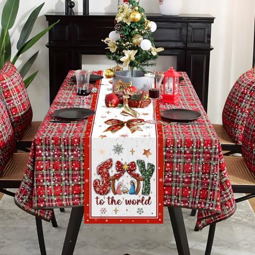 Christmas Table Runner,Jesus Joy to The World Table Runner,Bow and Christmas Tree Tabletop Cover,Red Xmas Seasonal Winter Holiday Tabletop Decorations for Home Indoor Kitchen Dining