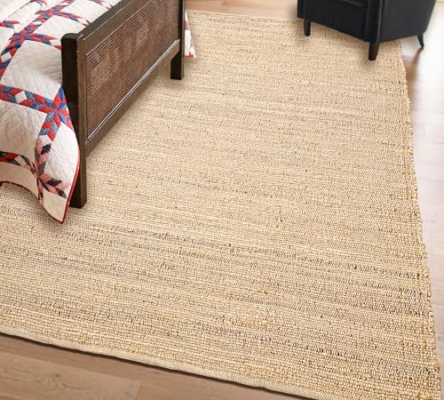 Natural Jute Cotton Hand Woven Area Rug - 5' x 7' Rectangular - Boho Farmhouse Rustic Floor Covering