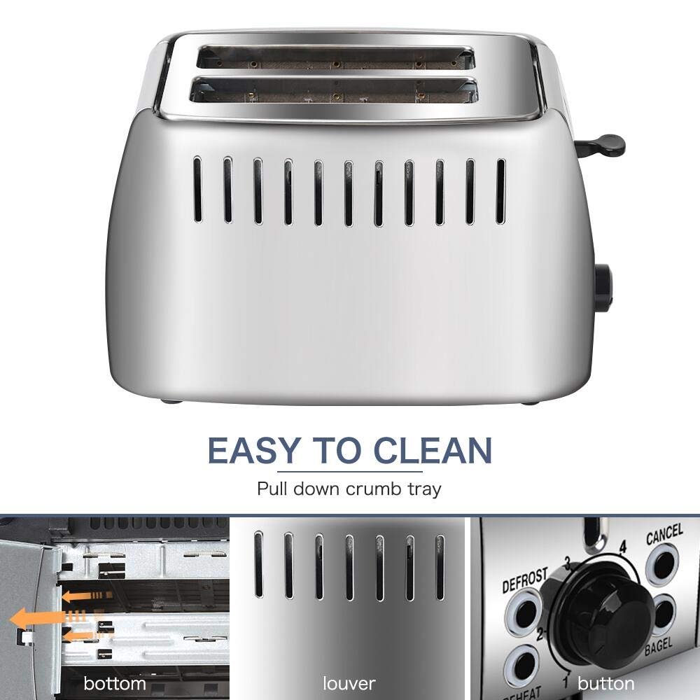 prepAmeal Toaster 2 Slice Stainless Steel Bagel Toaster Extra Wide Slots with 6 Browning Setting, Bagel/Reheat/Defrost/Cancel Function for Toasting Bread, Bagels and Waffles, 750W, Silver