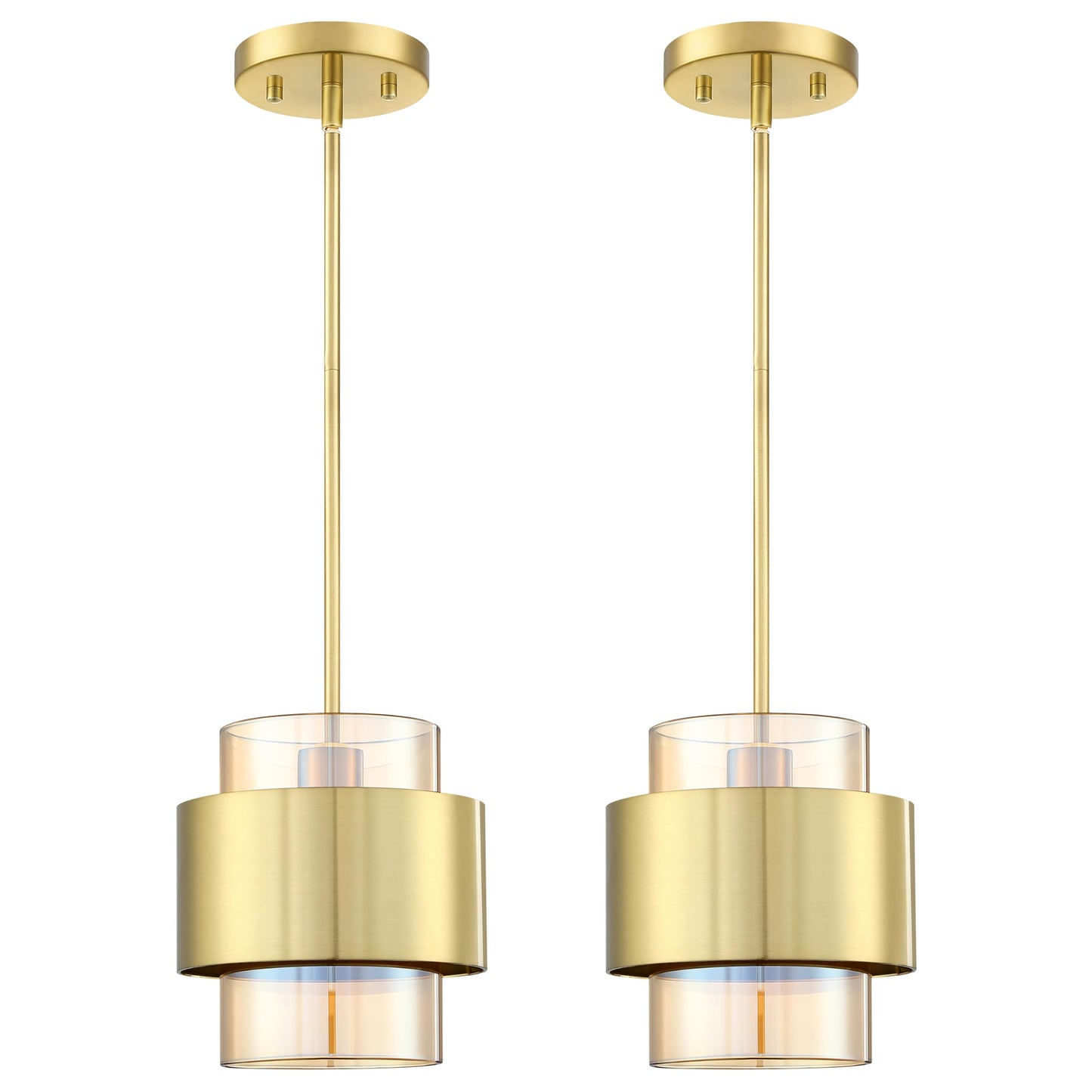 1 Light 2 Pack Hanging Indoor Kitchen Island Pendant Light 5.5" Drum Metal Amber Glass Pendant Ceiling Light Fixture,Modern Farmhouse Dinning Over Sink (Brushed Bronze Finish)