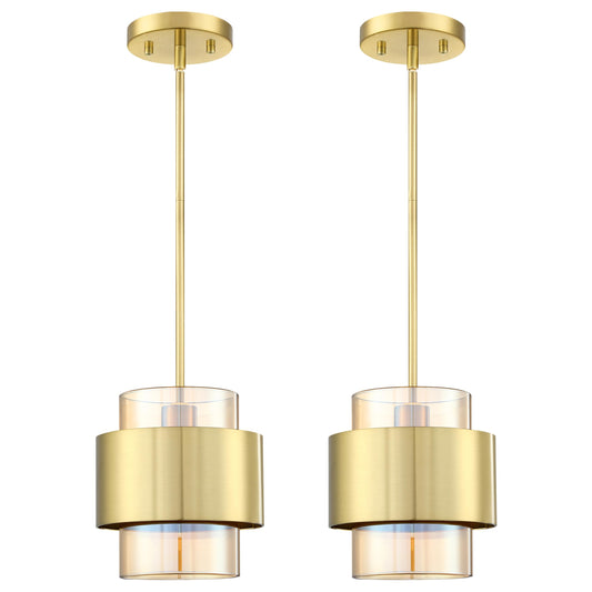 1 Light 2 Pack Hanging Indoor Kitchen Island Pendant Light 5.5" Drum Metal Amber Glass Pendant Ceiling Light Fixture,Modern Farmhouse Dinning Over Sink (Brushed Bronze Finish)
