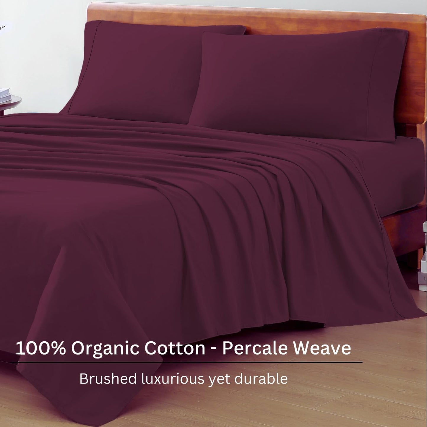 LANE LINEN 100% Organic Cotton King Size Sheets - Soft, Machine Washable, Eco-Friendly Percale in Windsor Wine