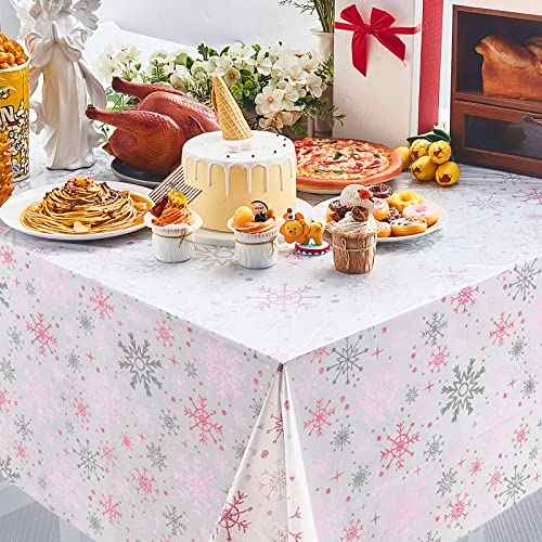 Jecery 3 Pcs Winter Snowflake Tablecloth Birthday Party Decorations Winter Snowflake Wonderland Plastic Table Cover Cloth for Kid Girl Birthday Baby Shower Party Supplies (Pink)