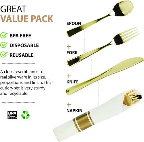 240 Pieces Pre Rolled Cutlery And Napkins Set with Heavy Duty Full Size Polished Gold Cutlery, 60 Forks, 60 Knives, 60 Spoons, In Rolled Napkins, for Weddings, Parties And Events