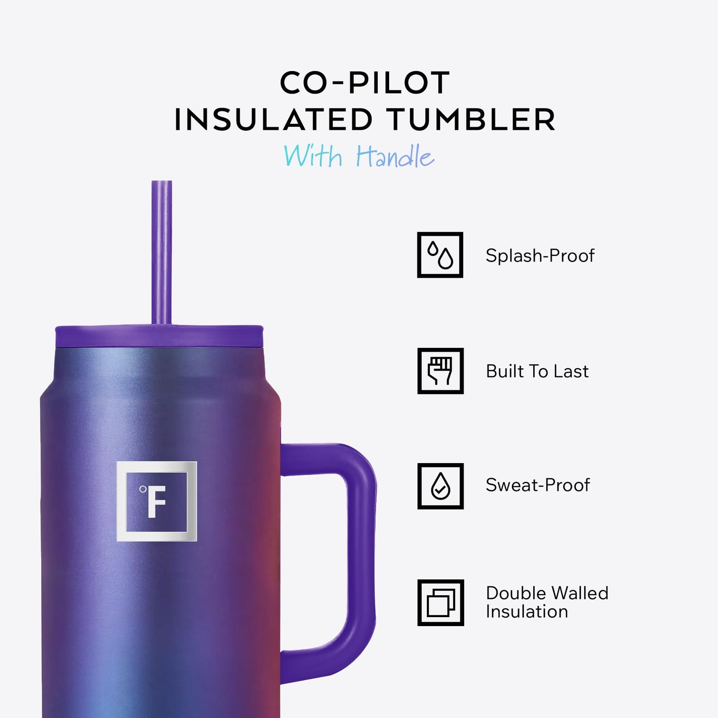 IRON °FLASK Co-Pilot Insulated Mug w/Straw & Flip Cap Lids - Cup Holder Bottle for Hot, Cold Drink - Leak-Proof - Water, Coffee Portable Travel Mug - Lavender, 50 Oz