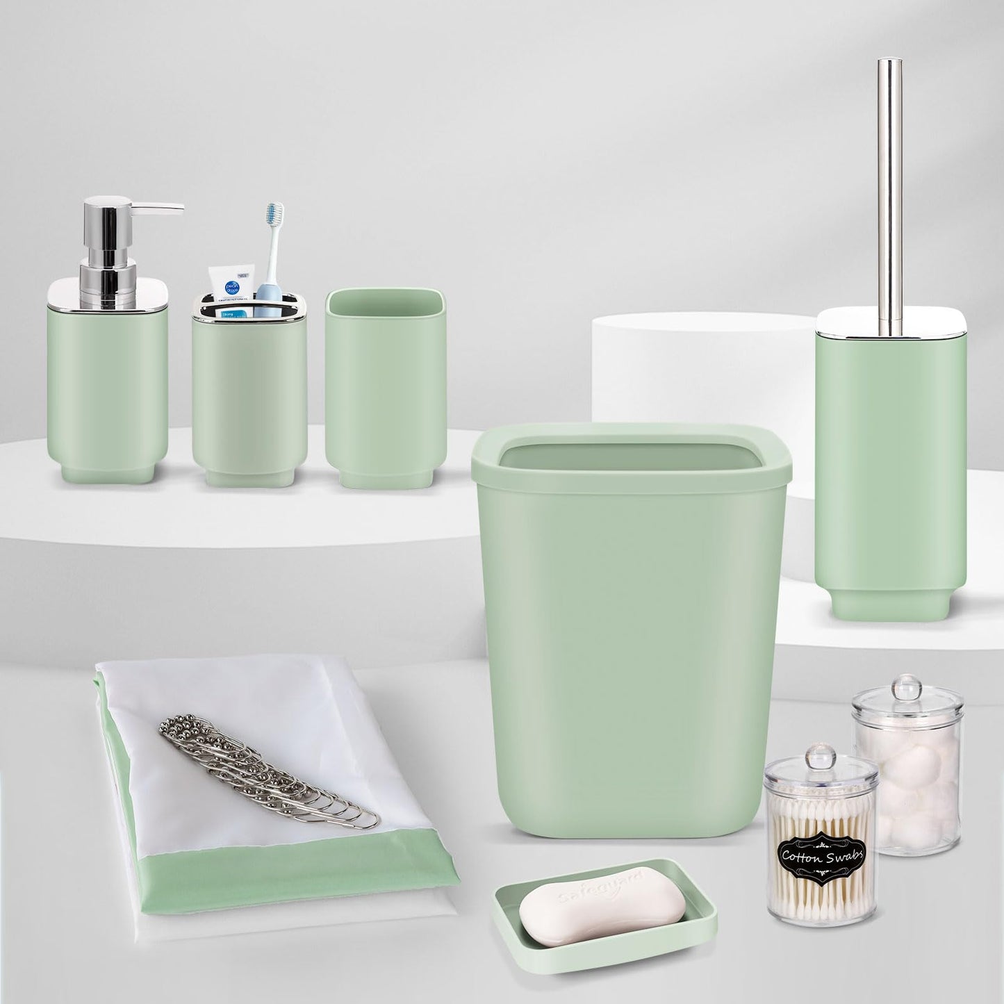 Bathroom Set - 9 Pcs Green Bathroom Accessories Set with Trash Can,Soap Dispenser,Tray,Soap Dish,Toothbrush Holder&Cup,Toilet Brush Holder, 2 Qtip Holder Dispenser