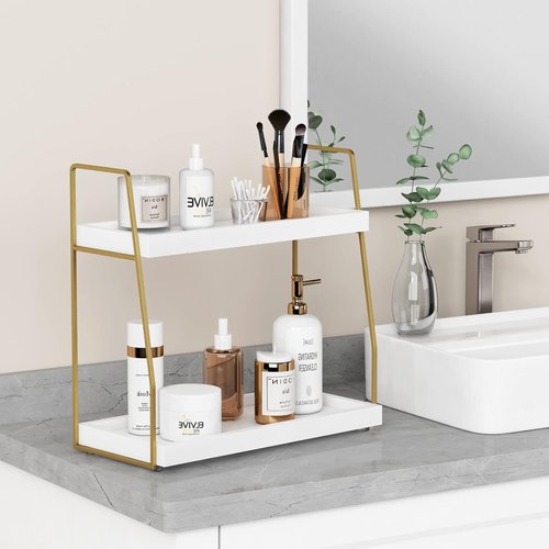 Forbena Bathroom Organizer - Elegant 2-Tier Wooden Sink Shelf for Vanity Storage | White and Gold