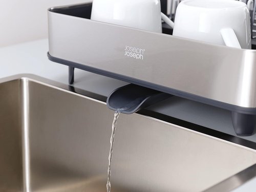 Joseph Joseph Dish Drying Rack - Extendable Stainless Steel with Movable Utensil Drainer & Drainage Spout, Gray