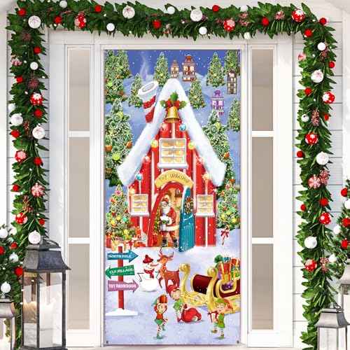 Sumind Christmas Door Cover Decoration, Large Santa Claus Front Door Cover, 6 x 3ft Fabric Santa Hanging Banner Snowy Winter House Background for Xmas Winter Holiday Decoration
