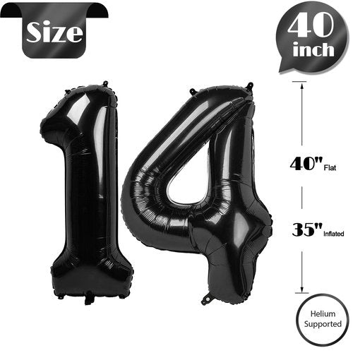 Black Number 14 Balloon 40 inch, 14 Number Balloons, 14th Black Birthday Decorations, 14 Year Old Girls Boys Party Supplies