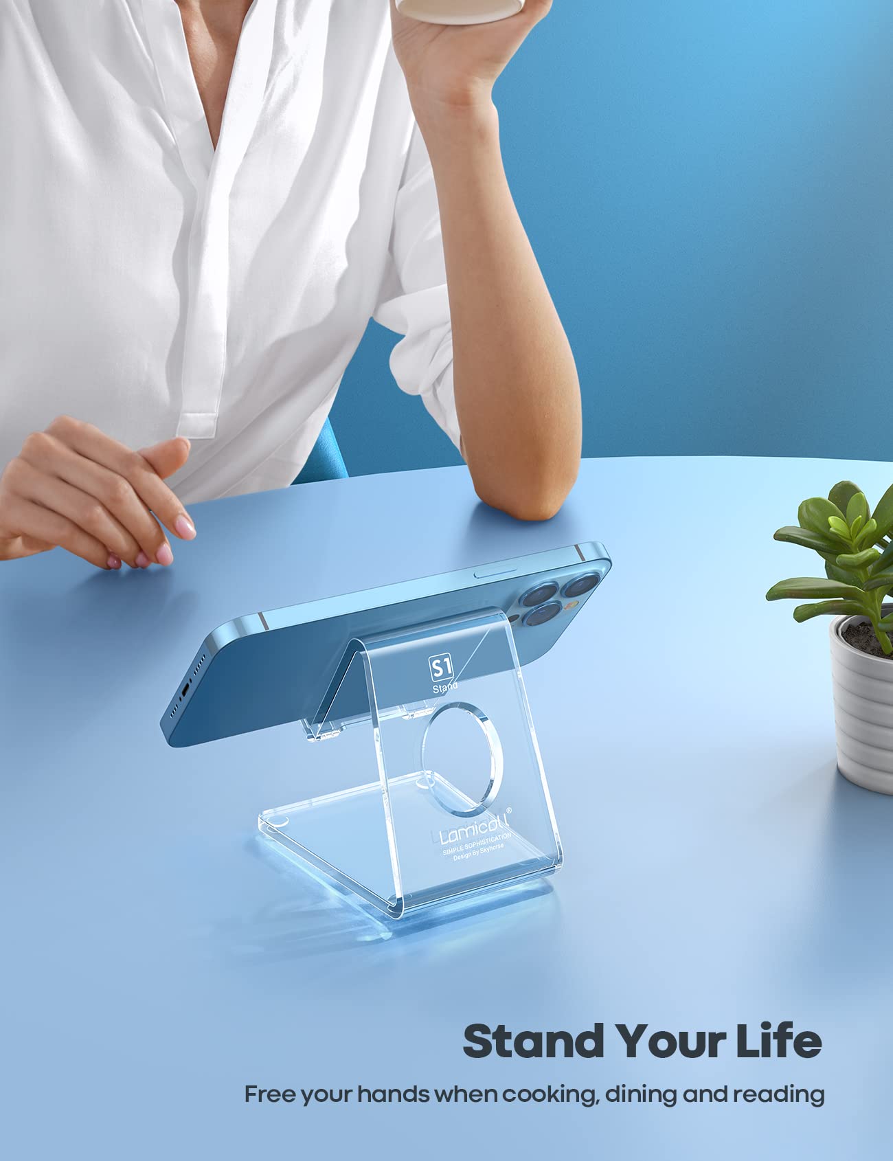 Lamicall Cell Phone Stand, Desk Accessories - Clear Office Cell Phone Holder, Acrylic Phone Stand, Desktop, Acrylic Office Desk Decor Accessories, Suitable for iPhone, 4-8'' Phone, Gifts