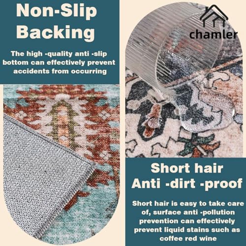 6x9 Washable Boho Medallion Area Rug - Red Blue Flowers, Non-Shedding, Easy Care, High Traffic