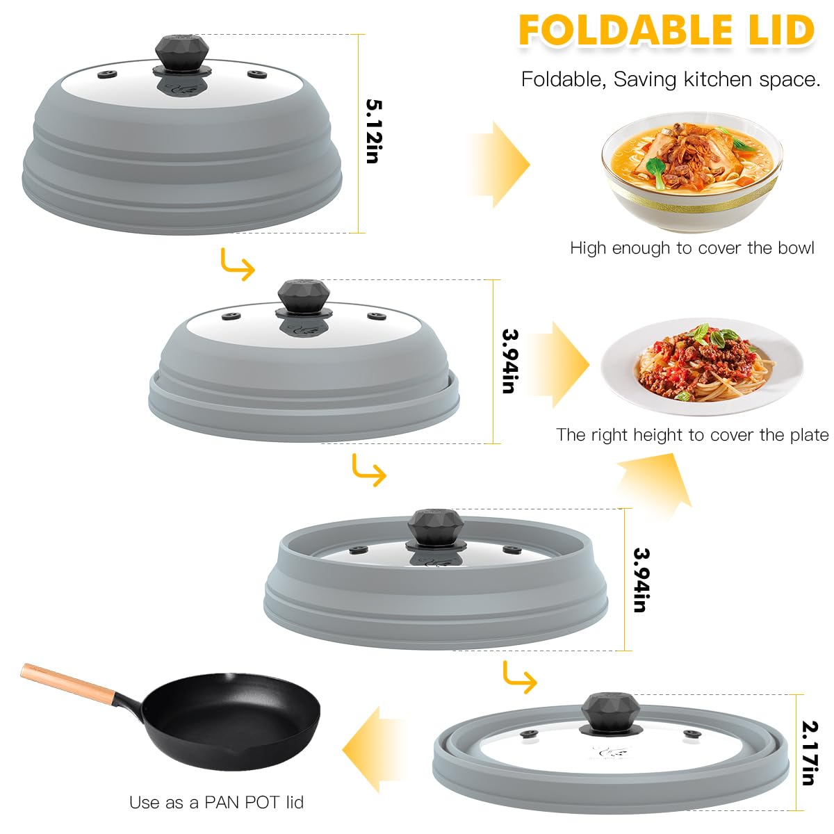 Microwave Splatter Cover Vented Glass Cover Splatter Guard Lid with Collapsible Silicone for Food as Pot Cover Plate Cover 10.8 inch for 6 7 8 9 10 inch Plate Bowl Light Grey