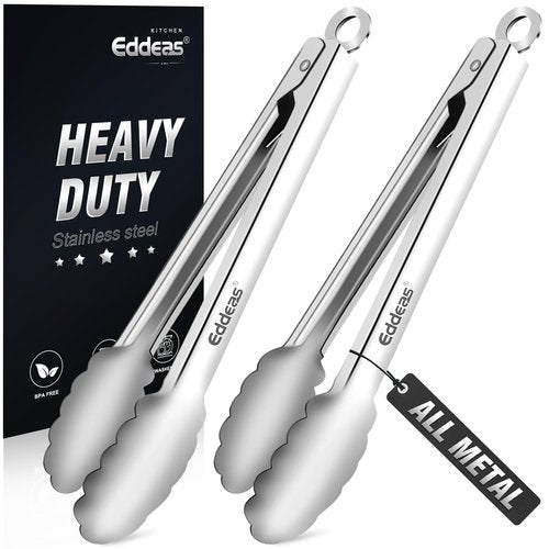 Eddeas 2PCS 9inch Tongs for Cooking - Heat Resistant 600 Degree Kitchen Tongs, Heavy Duty All Metal Food Tongs, Stainless Steel and Non-Slip handle, Salad, Grilling, Barbecue, Dishwasher safe