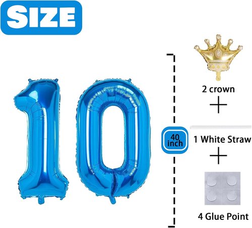 10 Number Balloon - Blue 40 Inch Big Foil Crown - Helium 10th Birthday Party Decorations