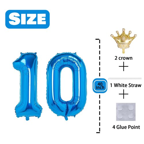 10 Number Balloon Blue 40 inch Big Foil Crown Helium 10th Balloons for 10 Year Old Boy Girl Birthday Party Decorations Wedding Anniversary Events Supplies