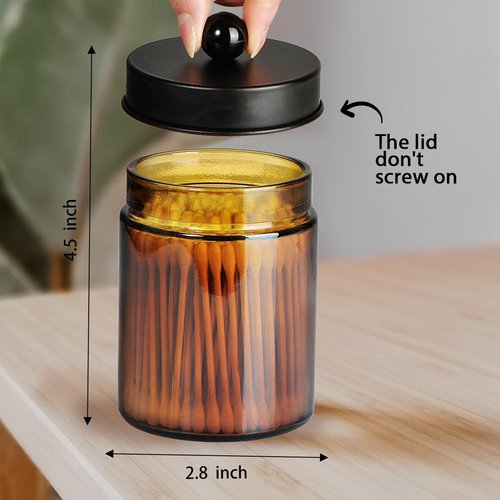 Amolliar Amber Glass Qtip Holder - Stylish Apothecary Jar with Matte Black Lid | 2-Pack Bathroom Organizer for Cotton Swabs and Floss