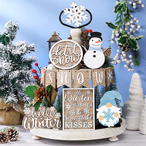 Qunclay 12 Pcs Snowman Winter Tiered Tray Decor Wood Signs - Christmas Style