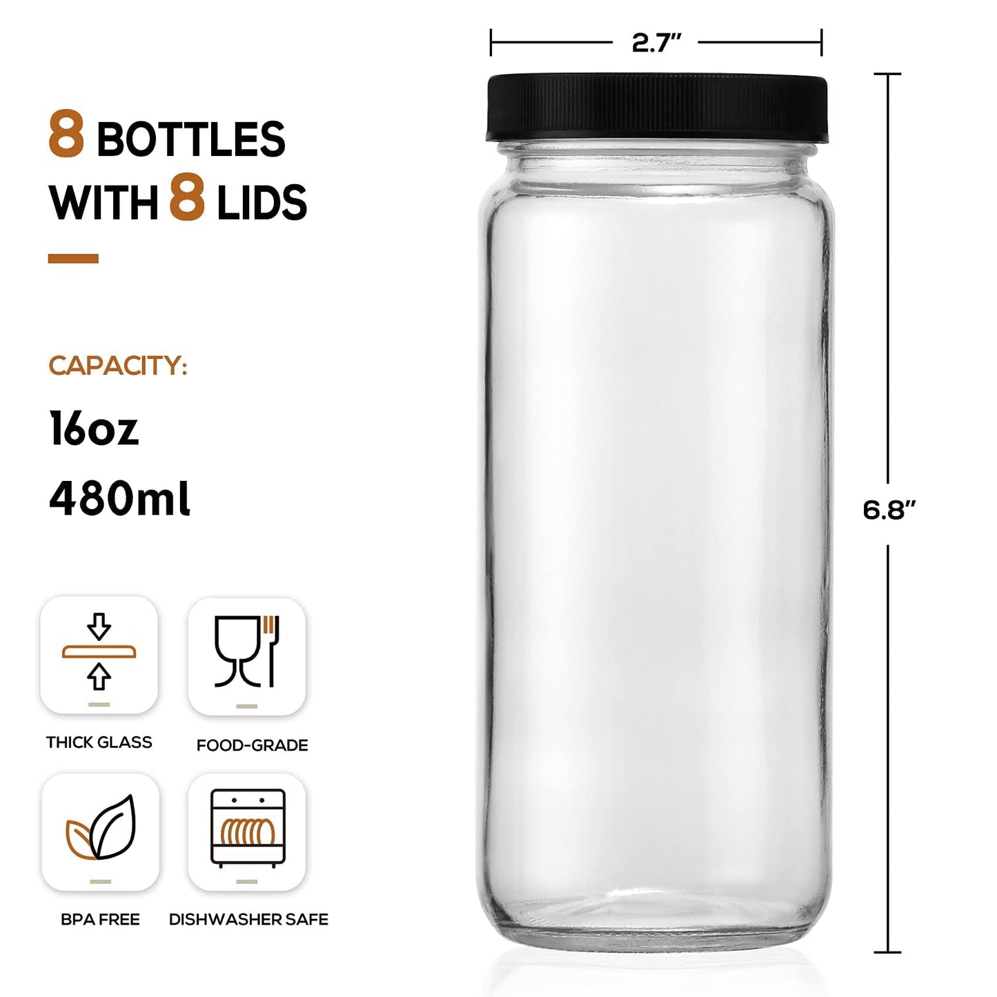 8 Pack Glass Juice Bottles with 8 Airtight Lids & 2 Straw Hole Lids & 2 Straws - 16OZ Travel Juicing Jars, Drinking Water Cups - Reusable Tall Mason Jar for Juice, Bubble Tea, Smoothie, Kombucha