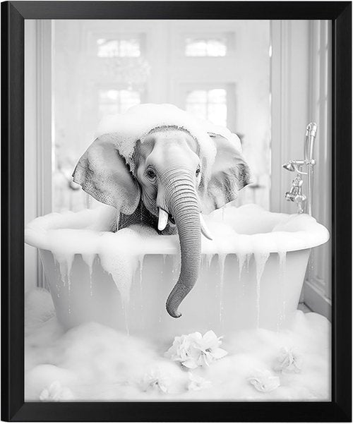 Animal Bathroom Wall Art - Funny Black and White Elephant Framed Poster | 10" L x 8" W