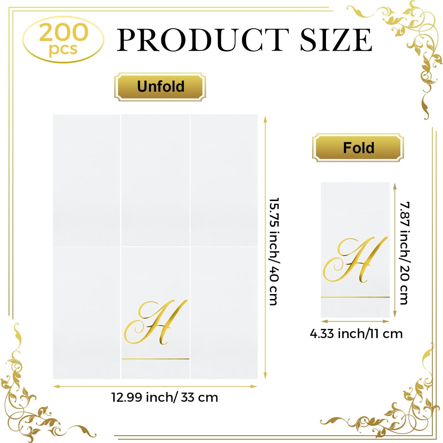 Pasimy 200 Pcs Initial Napkins Monogram Guest Napkins Gold Letter Paper Towels Disposable Elegant Dinner Towels for Wedding Bridal Shower Holiday Birthday Party Tableware Decor(H Letter)