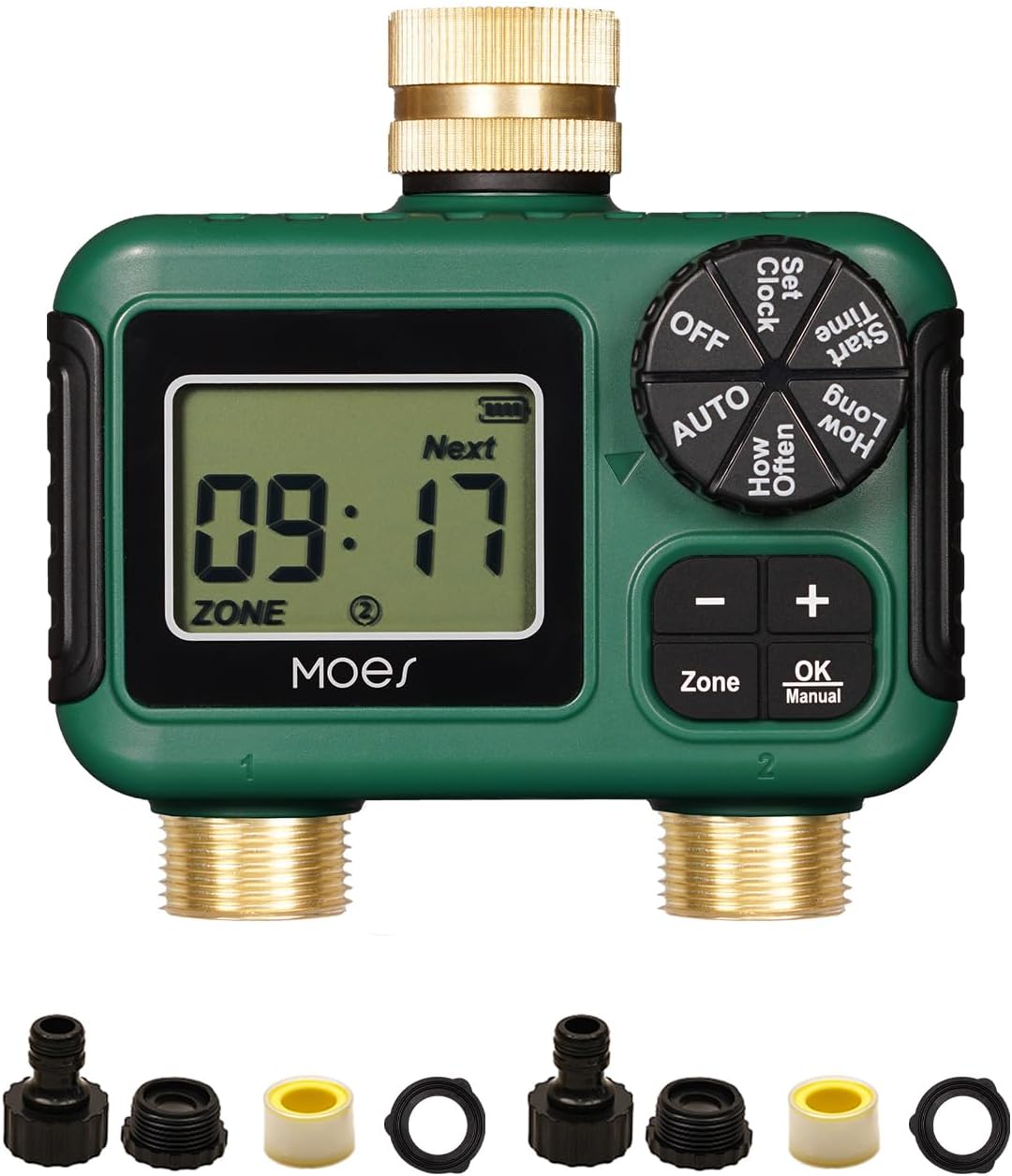 MOES 2-Zone Sprinkler Timer - Programmable Automatic Irrigation Controller with Brass Inlet & Outlet