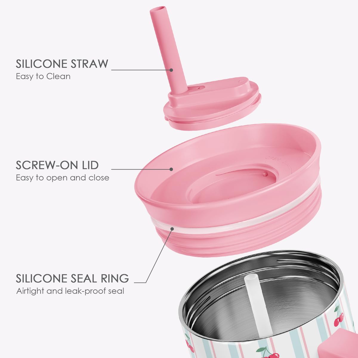 SANDJEST Cherry Stainless Steel Locking Lid Silicone Straw Tumbler with Handle 40oz, Insulated Stainless Steel Travel Cup for Women Girls Friends, Gift Idea for Birthday Christmas
