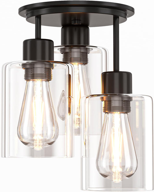 Semi Flush Mount Ceiling Light, 3-Light Ceiling Light Fixture Clear Glass Shades Black Kitchen Light Fixtures Close to Ceiling Light Fixtures for Dining Room Hallway Foyer Bedroom Entryway