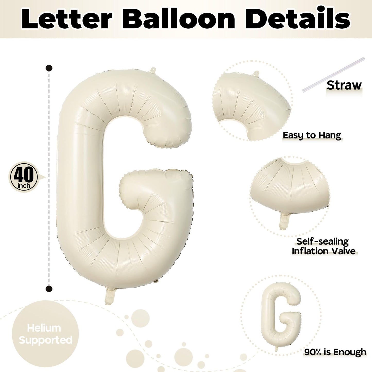40 Inch Custom Letter Balloons, Giant Alphabet G Foil Name Balloon Cream White, Mylar Self Inflating Beige G, Helium Customize for Women Birthday Party Decoration