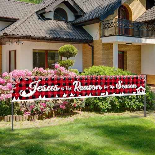 Tiamon Holy Nativity Christmas Banner Manger Scene Religious Jesus Is the Reason for the Season Red Buffalo Plaid Hanging Banner for Xmas Winter Holiday Outdoor Indoor Decoration