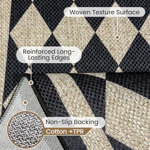 5' x 7' Checkered Jute-Style Indoor Outdoor Rug - Black, Washable, Lightweight