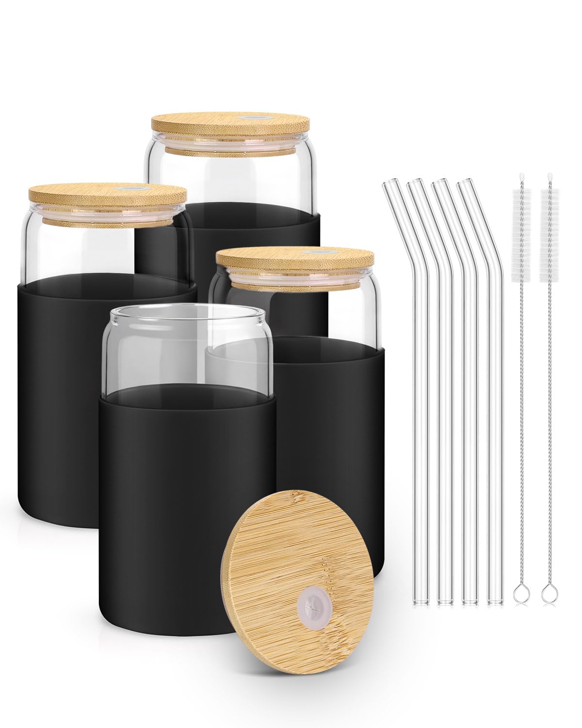 sungwoo Glass Cups with Lids and Straws, 4 Pack 16OZ Iced Coffee Cups with Silicone Sleeve, Glass Tumbler with Straw and Bamboo Lid, Home Essential Drinking Set for Juice, Cocktail and Latte Black