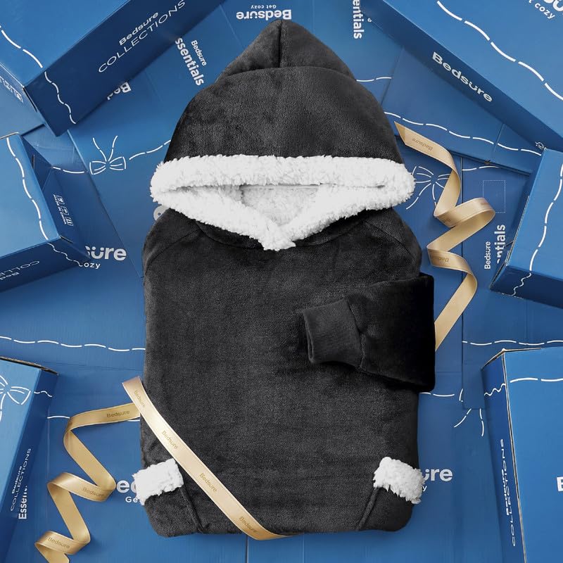 Bedsure Charcoal Wearable Blanket Hoodie for Adults, Long Sherpa Sweatshirt, Cozy Gift for Women