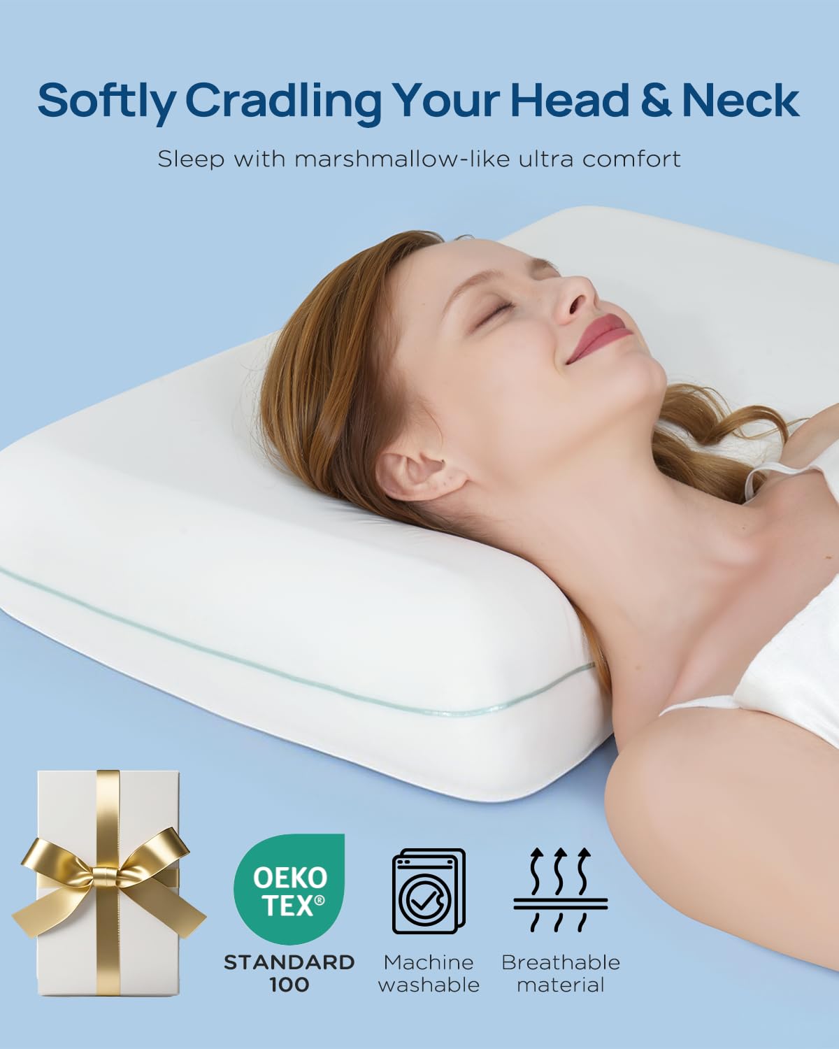 Releep Cooling Soft Memory Foam Pillow, Cervical Neck Pillow for Side Sleepers, Back & Stomach Sleepers, Ergonomic Orthopedic Design for Neck Pain Relief and Deep Sleep, CertiPUR-US, White