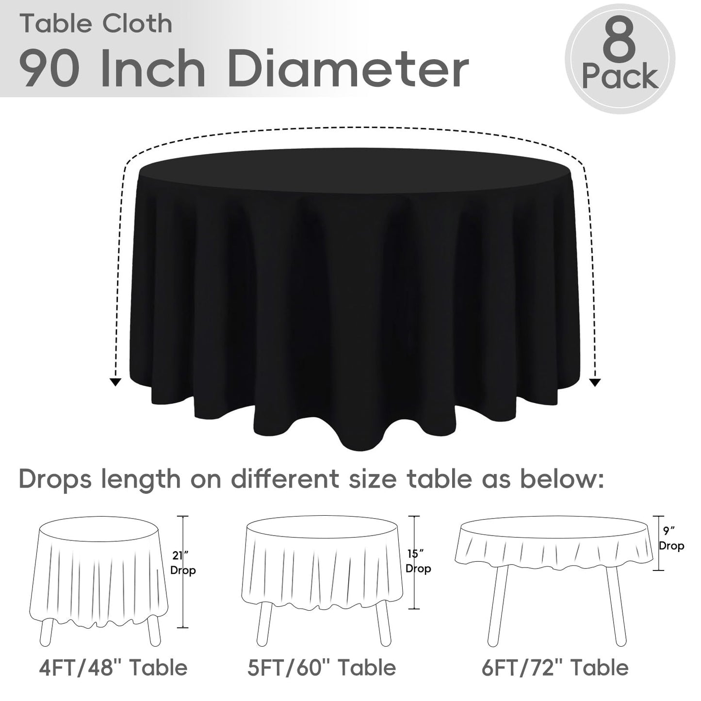 RestfulGlow 8 Pack Round Tablecloth 90 Inch Black Table Cloth for Round Tables, Washable Polyester Tablecloth Stain and Wrinkle Resistant Decorative Table Cloth for Wedding Party Dining Banquet