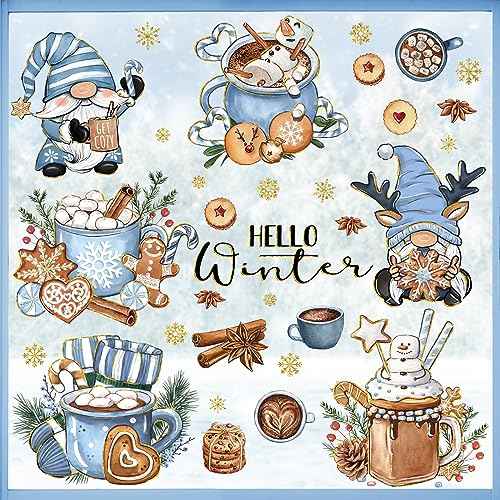 Mfault 145 PCS Hello Winter Gnome Window Clings 9 Sheets, Hot Cocoa Gingerbread Cookies Snowman Wall Stickers Decal Decorations, 2026 New Year Christmas Holiday Living Room Home Kitchen Decor