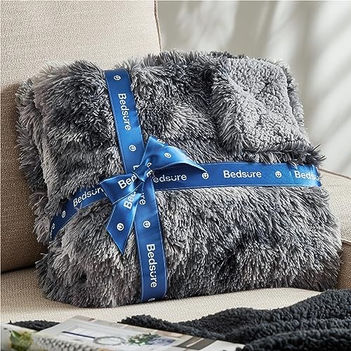 Bedsure Faux Fur Fluffy Sherpa King Bed Blanket Tie Dye Grey 108x90