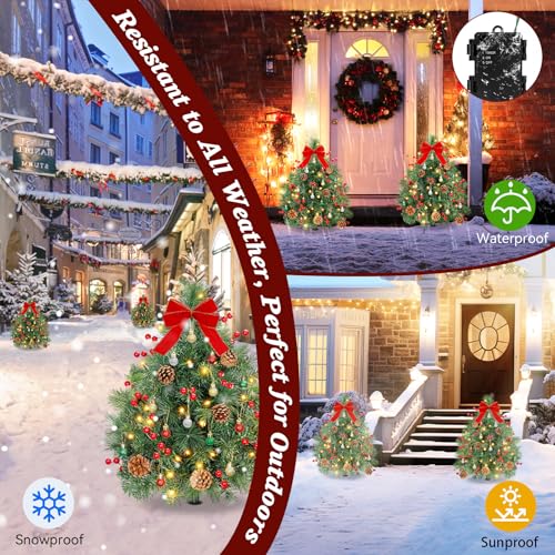 Lewondr Emerald Prelit Pathway Christmas Trees Set of 2, 27.56inch Outdoor Decor with LED Lights