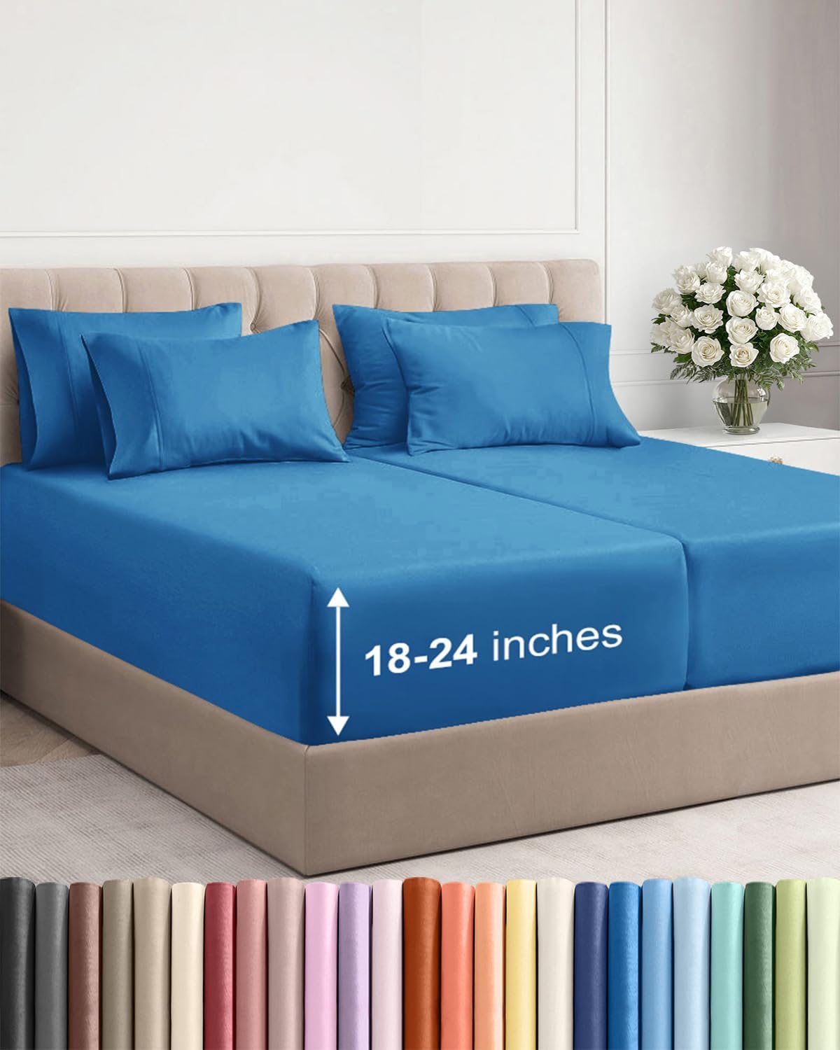 Skiennix Extra Deep Split King Sheet Set - 7-Piece Breathable Cooling Bedding - Soft Wrinkle-Free Denim Blue